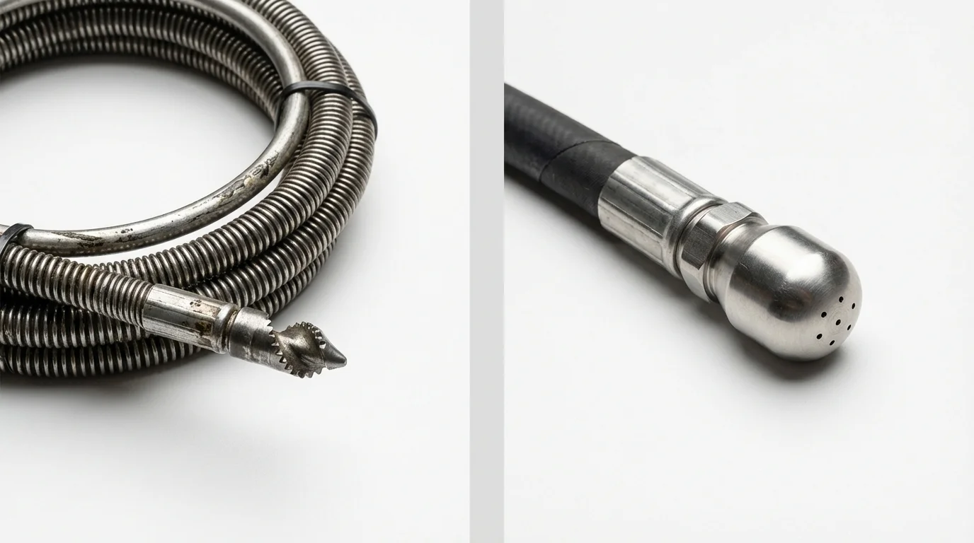 Drain snake cable and hydro jetting nozzle used for drain cleaning in Moro, OR