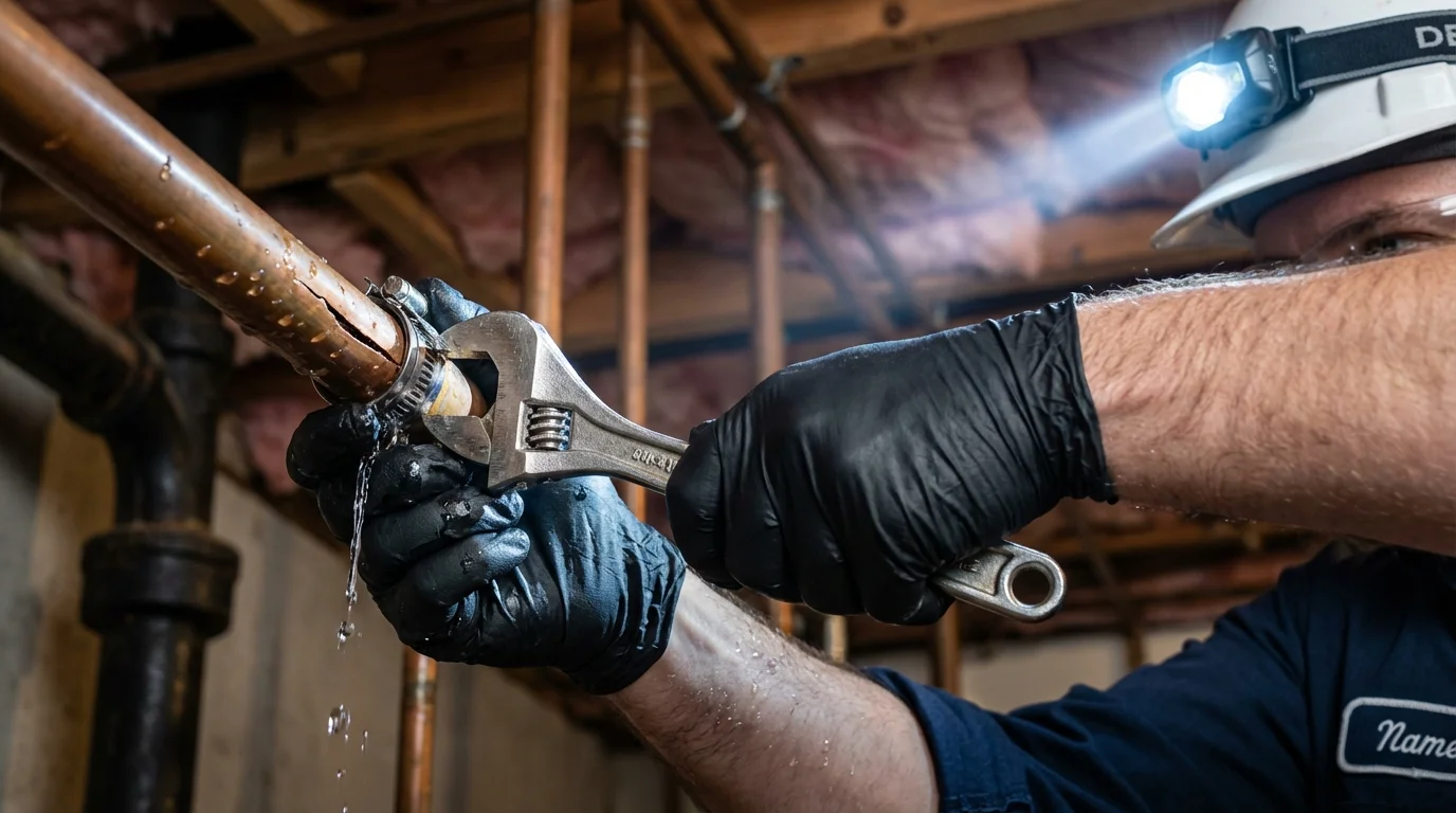Emergency pipe clamp repair being performed by a Johns Plumbing LLC plumber in Moro