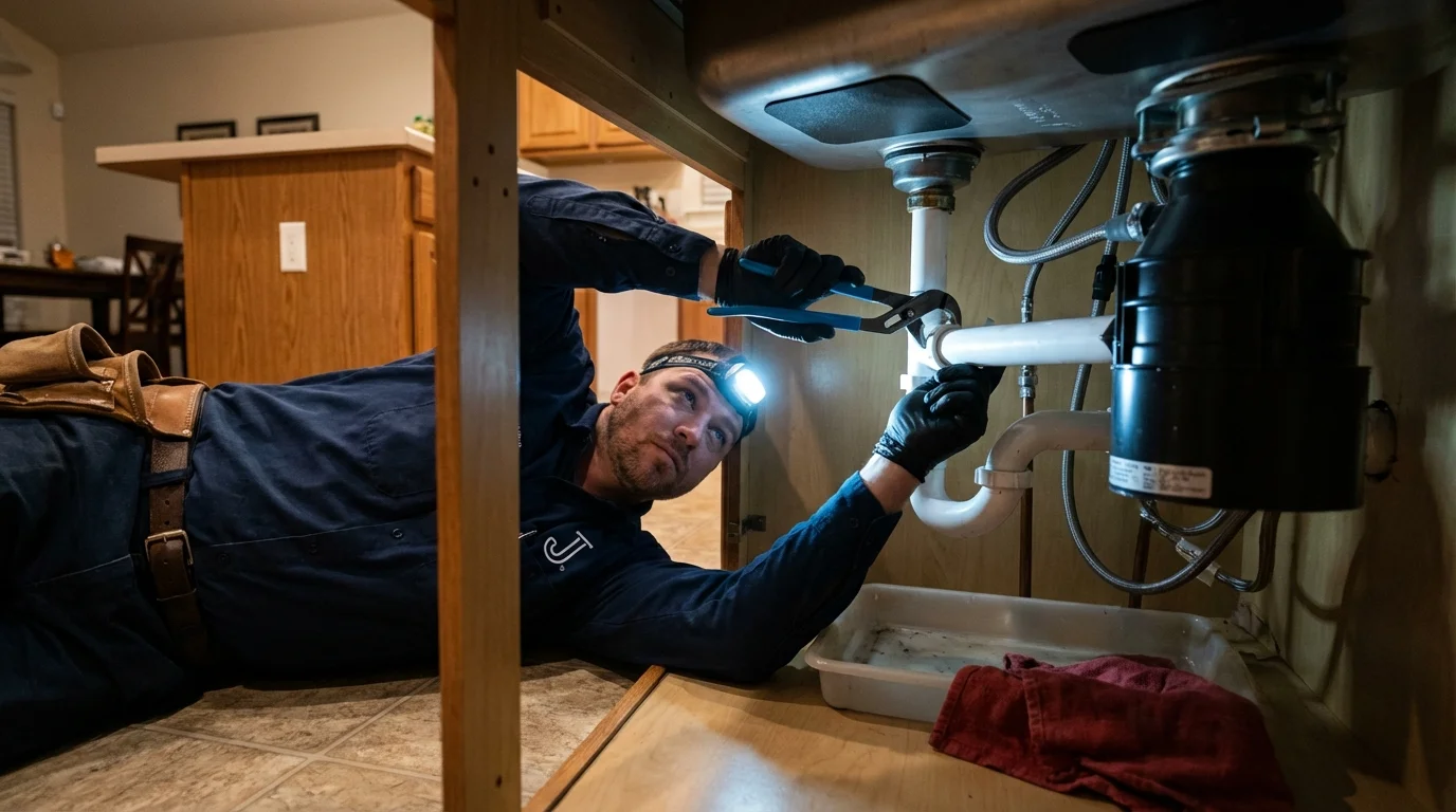 P-trap and supply line connections under a kitchen sink showing a common leak point in Moro, OR